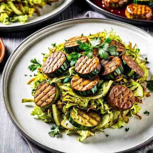 Жареные капуста и кабачки с сосисками